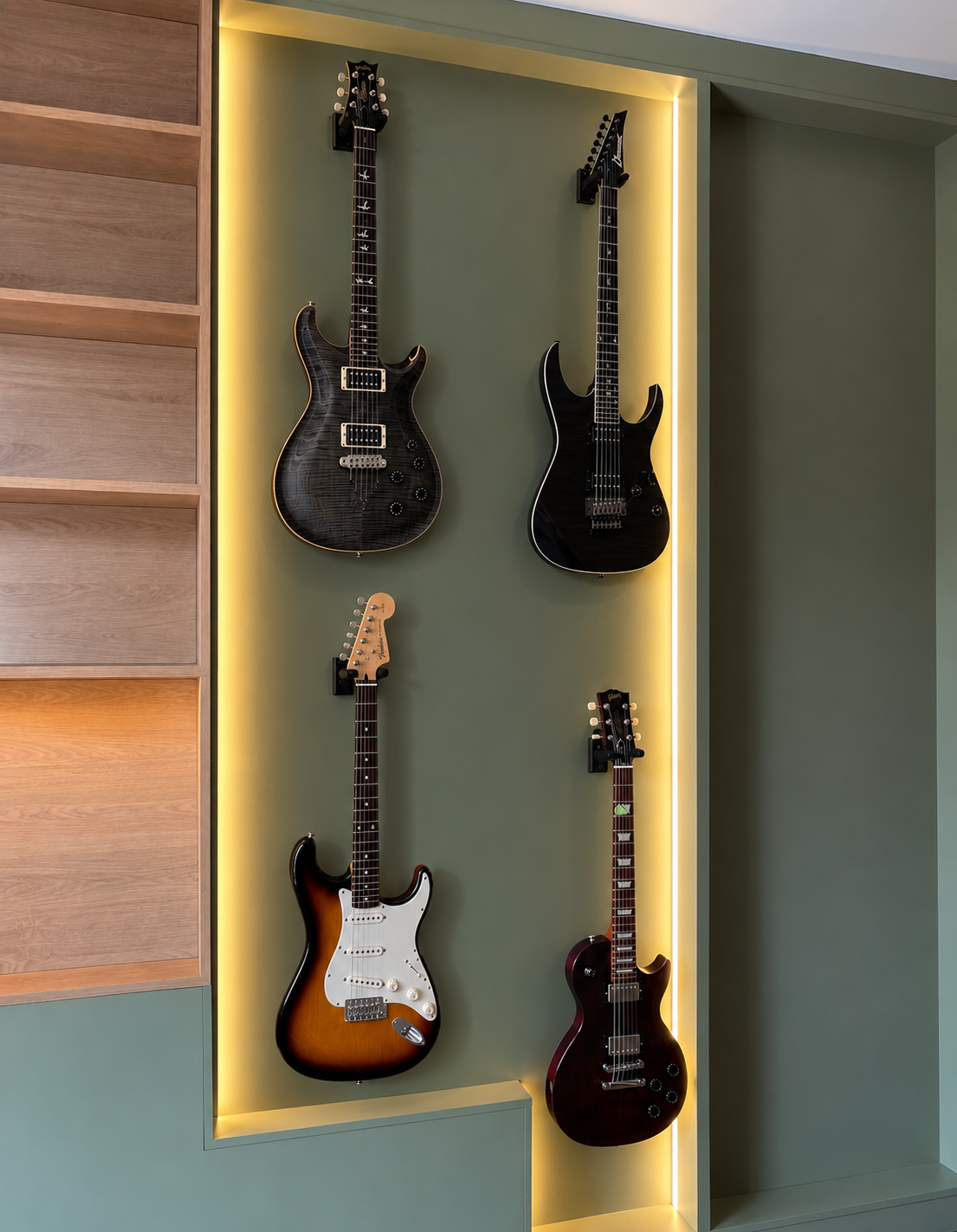Meuble &agrave; guitares sur mesure avec niche laqu&eacute;e et &eacute;clairage LED int&eacute;gr&eacute;