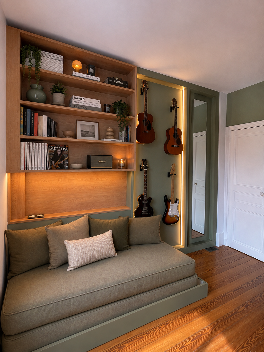 Bibliothèque avec rack à instruments et guitares, projet Oasis