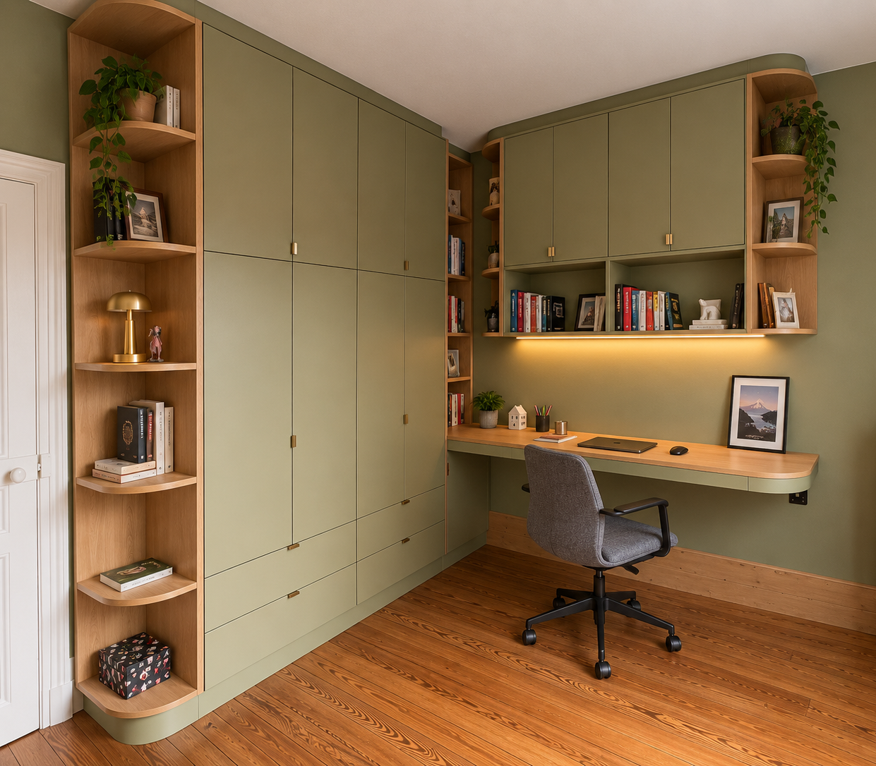 Agencement sur mesure Oasis : dressing-penderie avec bureau intégré, bibliothèque à lit d’appoint et rack à instruments, laqués vert olive et chêne