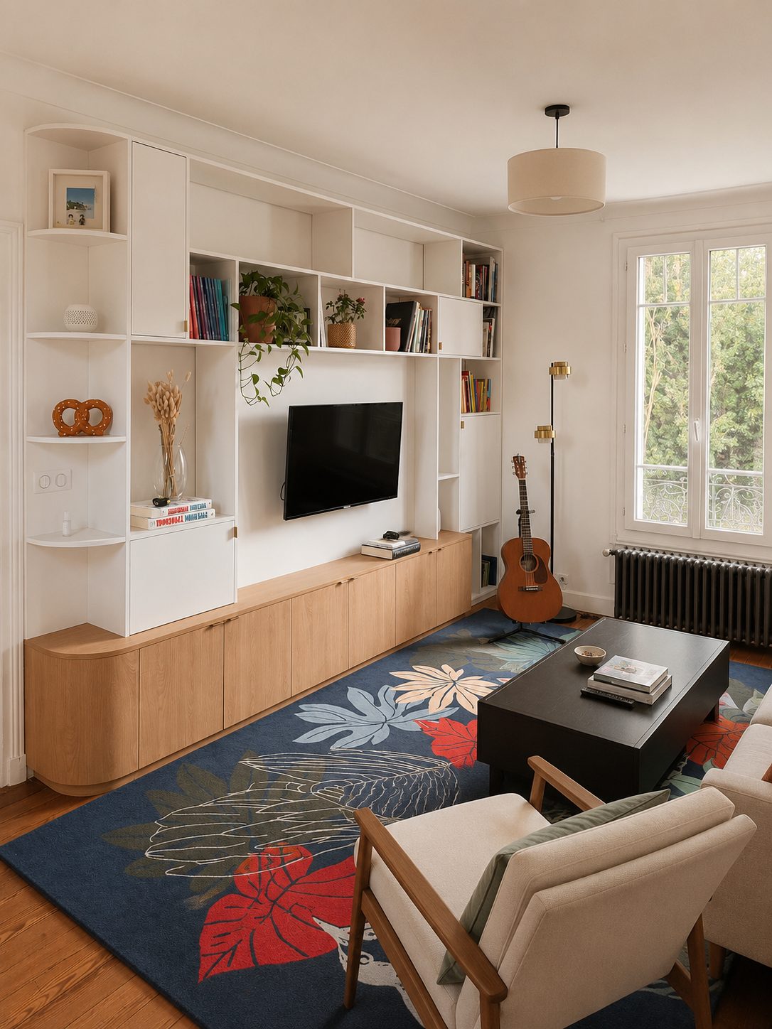 Bibliothèque-meuble TV sur mesure, projet Rives de Marne